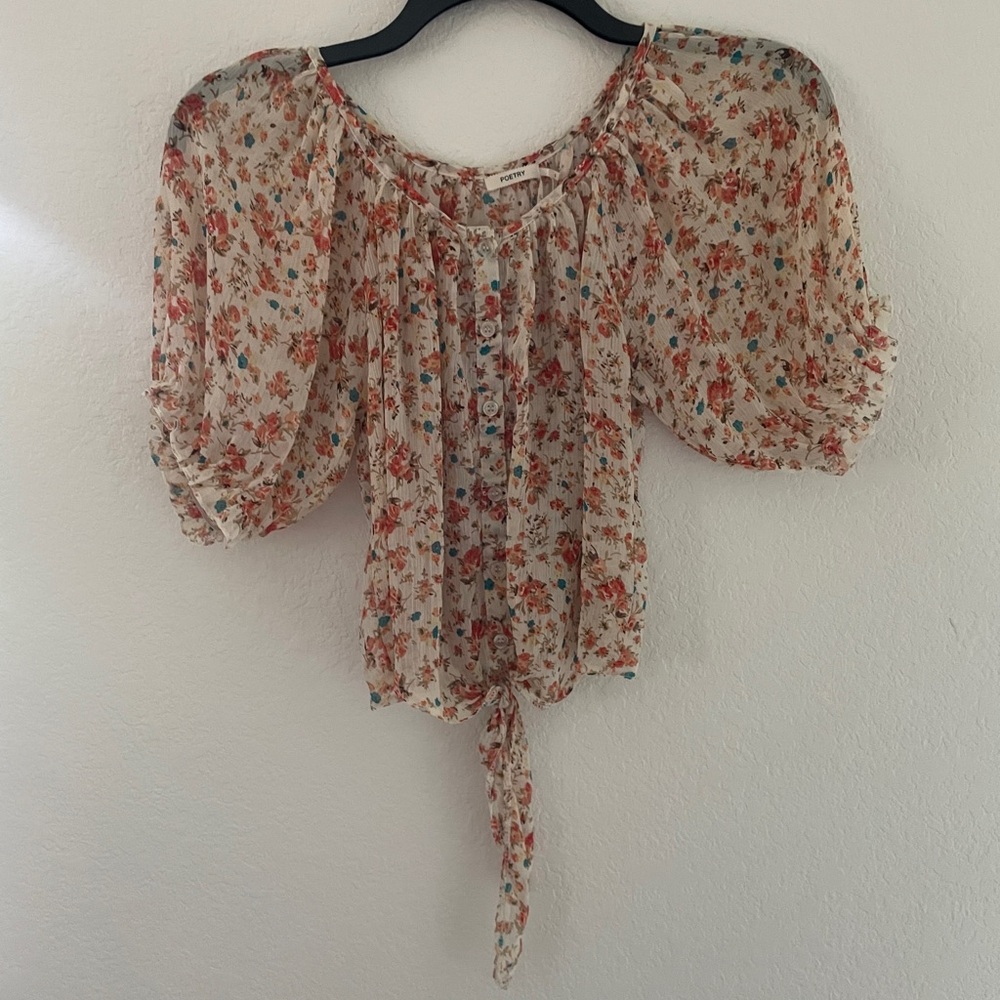 Poetry size small cream, orange floral sheer tie-up TOP